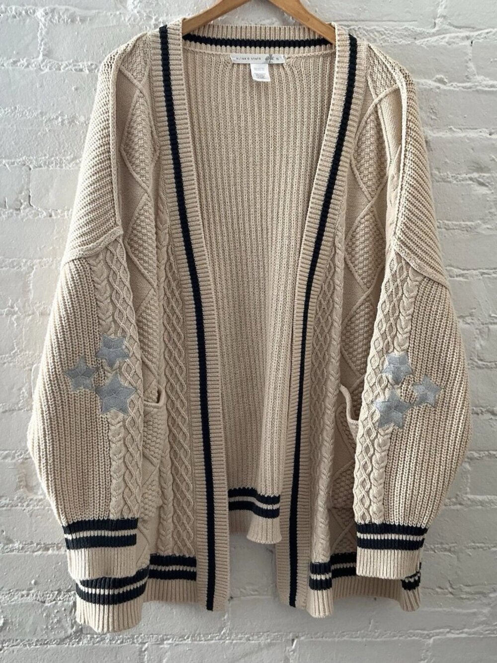 Altar’d State Oversized Cardigan Sweater Varsity Style Beige Star Patches XL